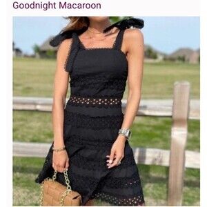 Women’s Goodnight Macaroon Black Eyelet Dress M Summer Cottage Core Bows Lined
